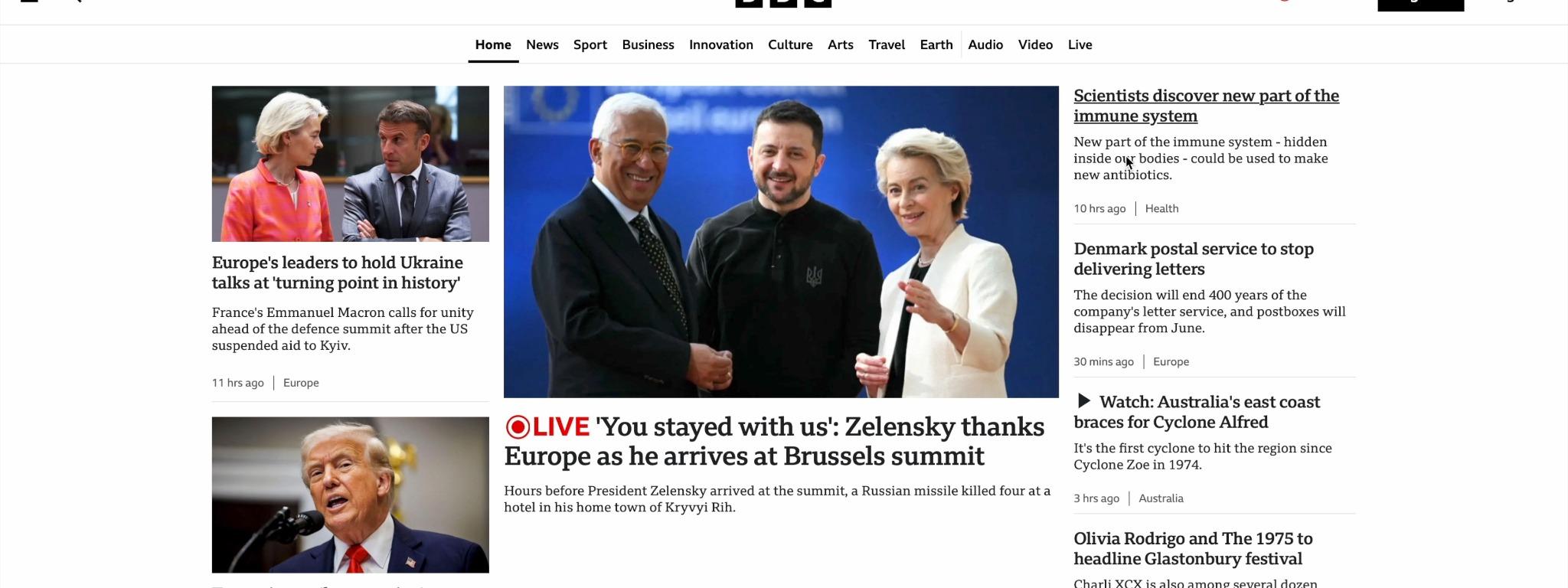 The BBC homepage on Friday 6th March, 2025. An article in the top right